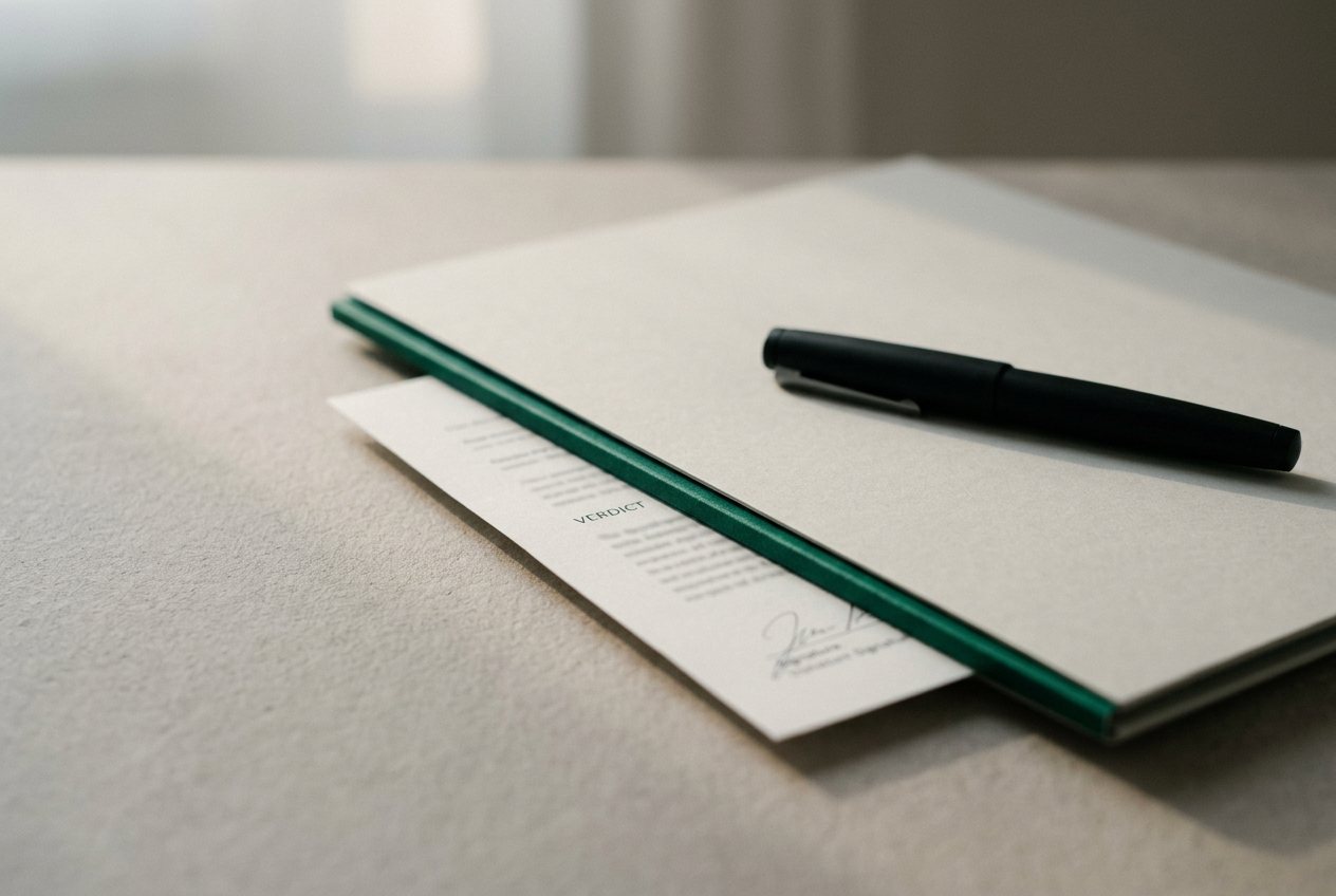 A closed pale-gray folder with an emerald edge band, a document with a signature line emerging, and a matte black fountain pen resting on top in low evening light