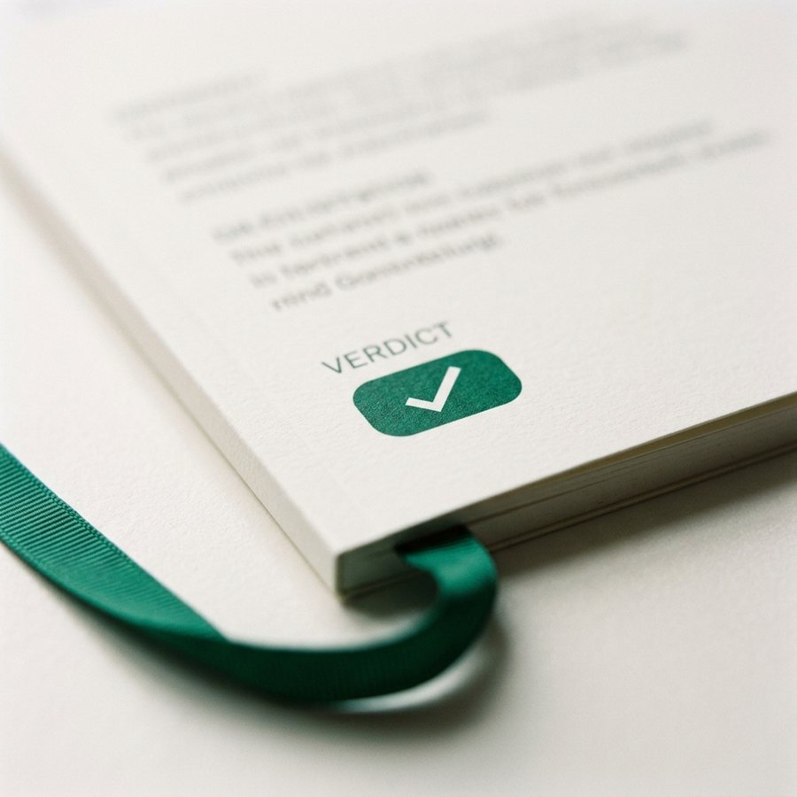 Close-up of the emerald verdict pill on a report cover