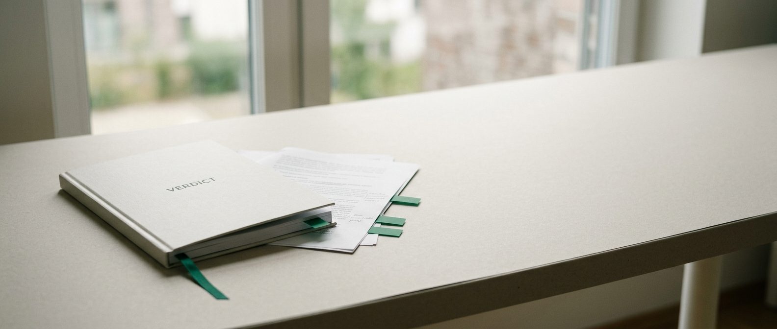 A slim Verdict report with an emerald ribbon and flagged pages resting on a long desk in soft window light