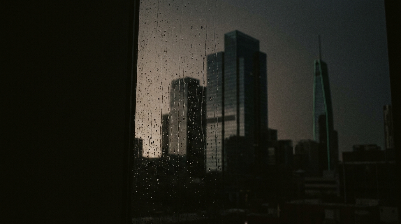A rain-streaked window looking out on a city skyline at dusk, one tower lit emerald