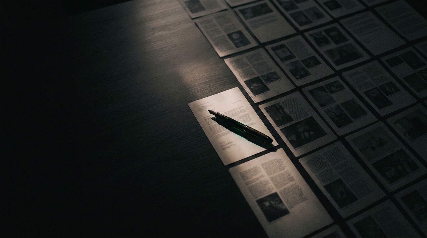 A dark desk covered in dim documents, a single page lit under a shaft of light with a pen resting on it
