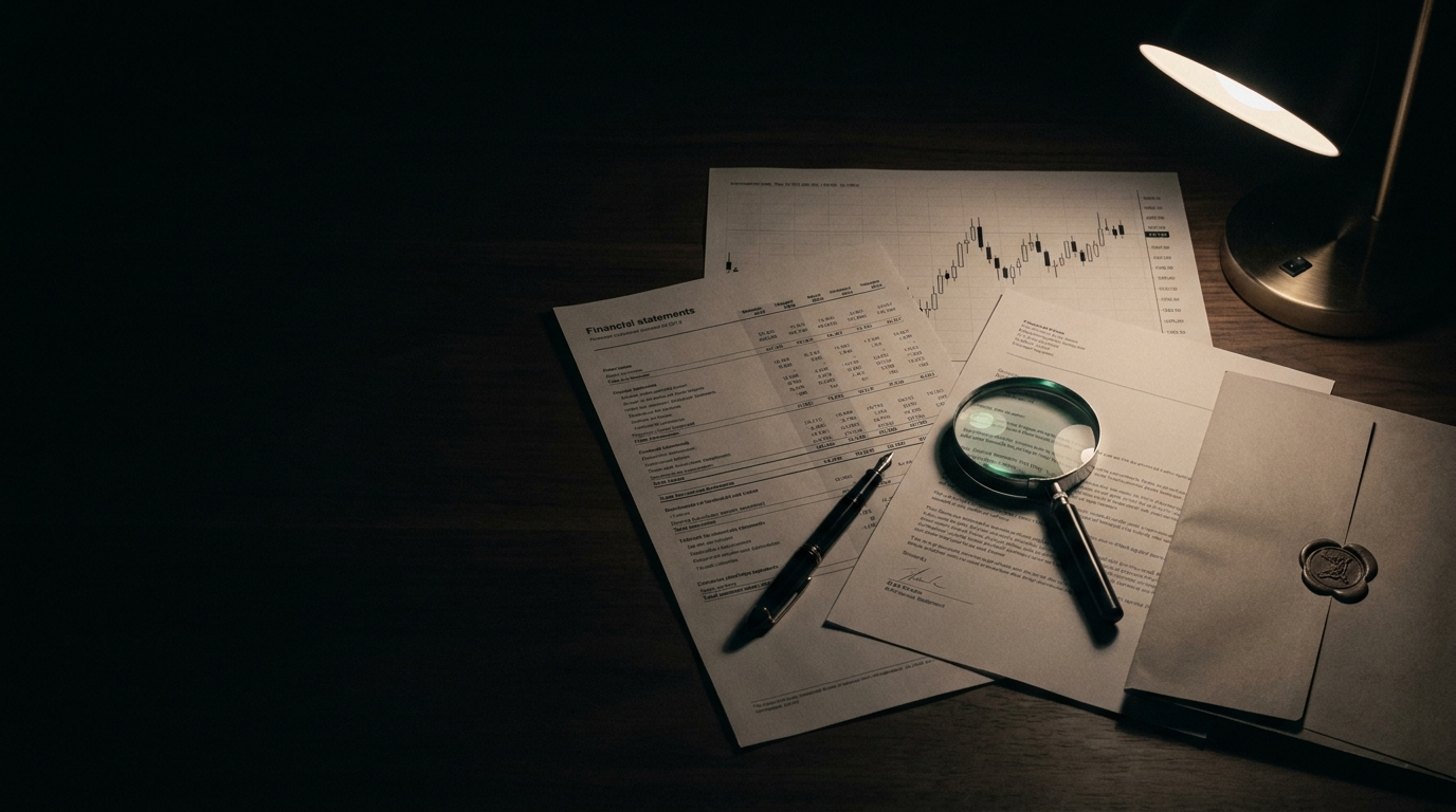 Financial statements under a lamp, a magnifier over one line, a wax-sealed envelope alongside